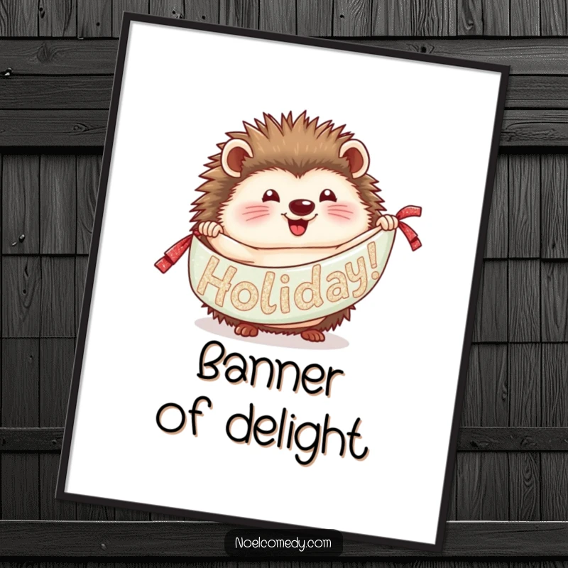 Funny Hedgehog Digital Art: A delighted hedgehog unrolling a glittery banner, perfect for vibrant, humorous holiday decor.