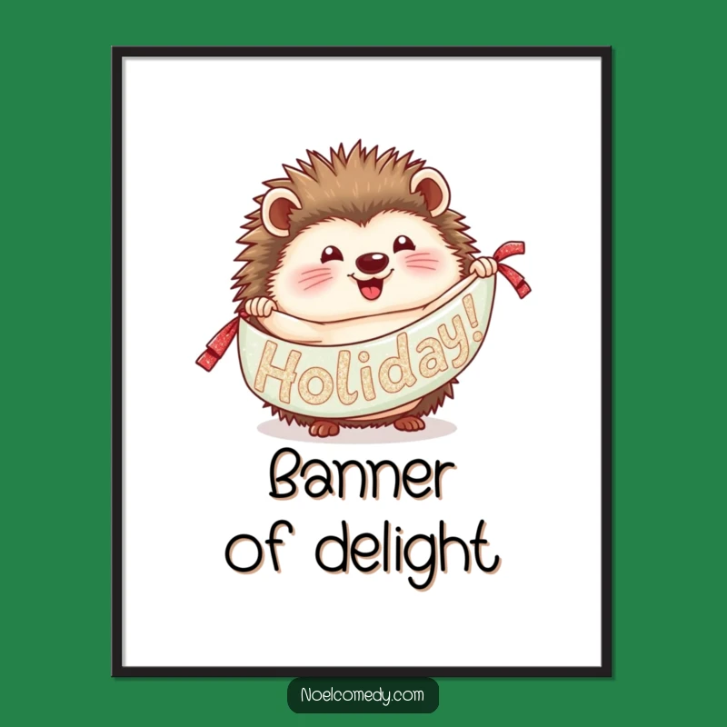 Funny Hedgehog Digital Art: Glittery Banner Instant Holiday Decor