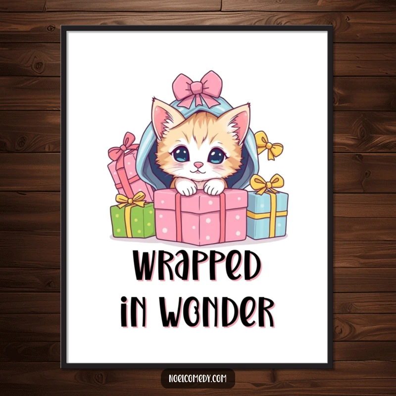 Funny Digital Art Print of a playful kitten peeking out from under a pile of wrapped Christmas gifts.