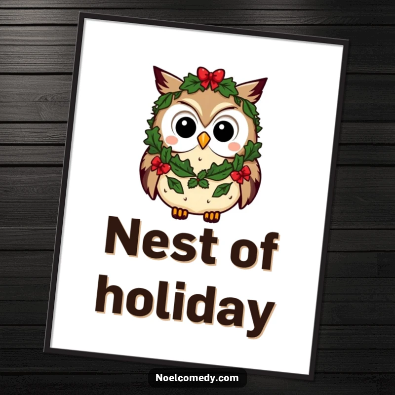 Funny owl digital art print of a curious character wearing a festive wreath, ideal for adding whimsical holiday wall decor.