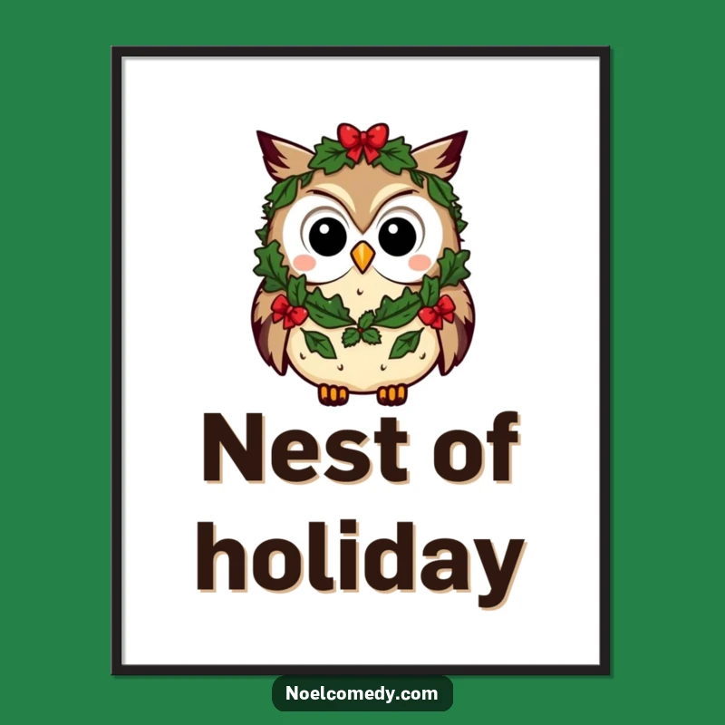 Funny Owl Digital Art: Curious Character in Festive Wreath, Instant Holiday Wall Decor