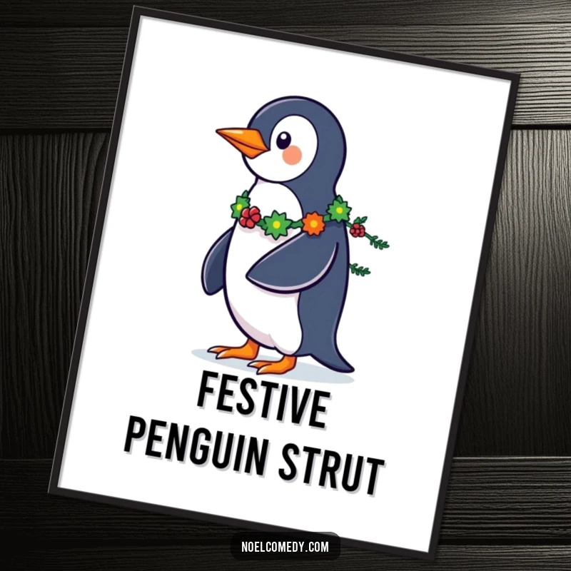Funny Penguin Digital Art: A strutting penguin with a garland tail, perfect for vibrant, humorous holiday decor.
