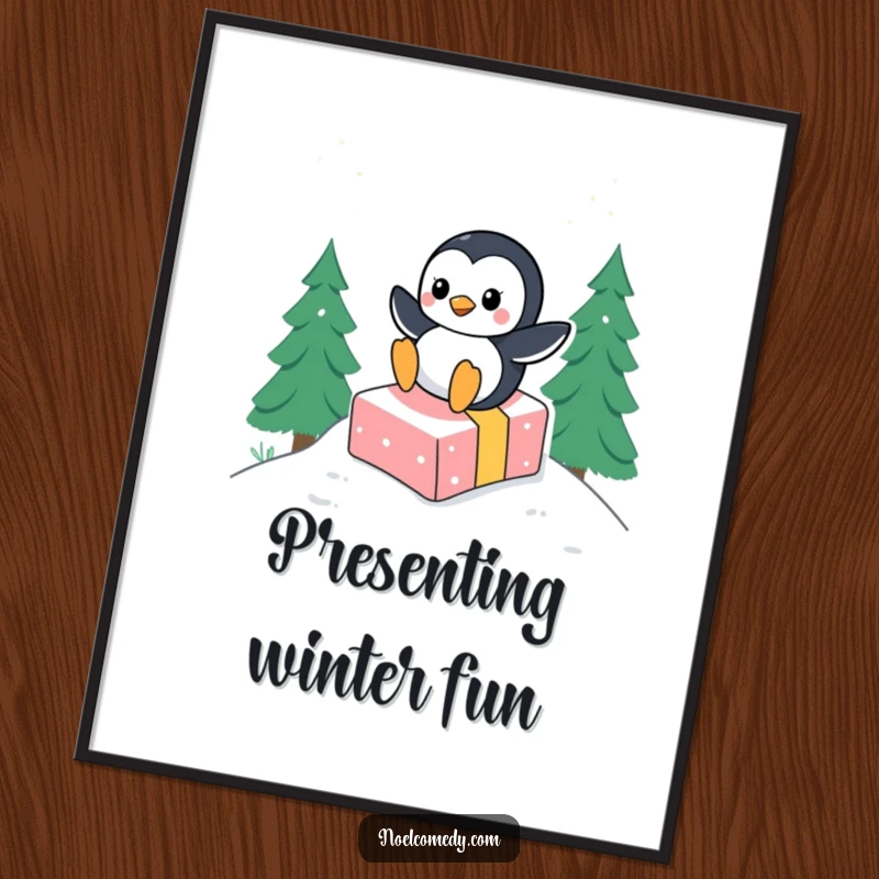 Funny digital art print of an overjoyed penguin character sliding gleefully down a snowy hill on a festive gift, capturing pure winter fun.