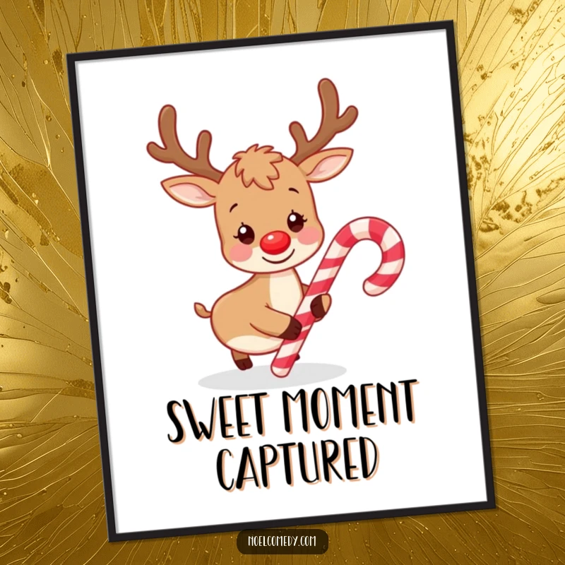 Funny digital art print of a playful reindeer nudging a candy cane, perfect for seasonal wall art and festive decor.