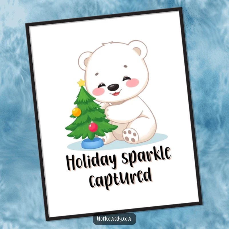 Funny digital art print of a smiling polar bear cub joyfully decorating a miniature Christmas tree, perfect for seasonal wall art.