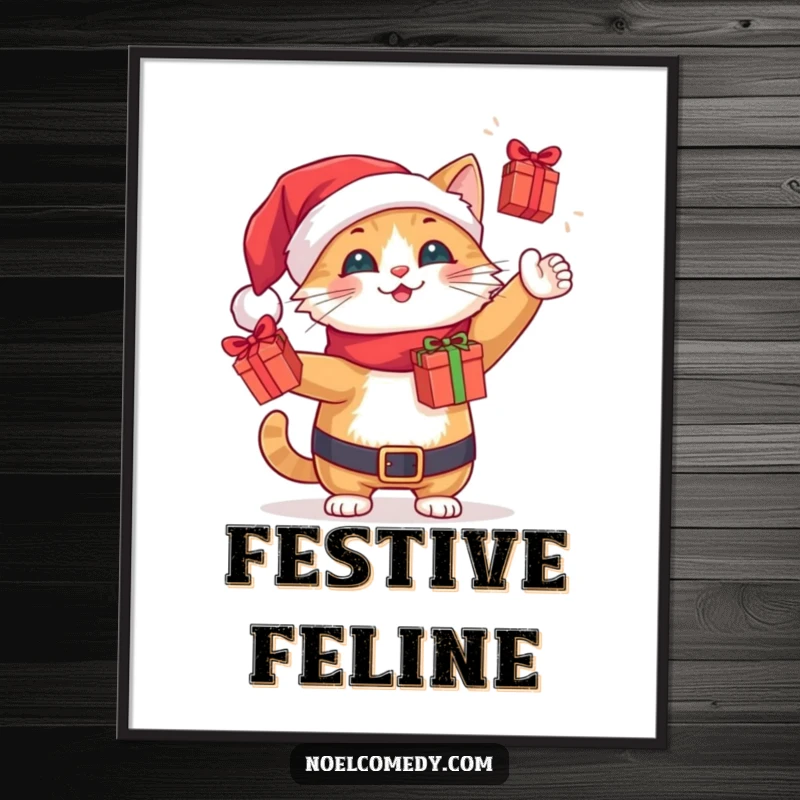 Funny cheerful Santa cat juggling tiny wrapped gift boxes, available as a festive digital art print.
