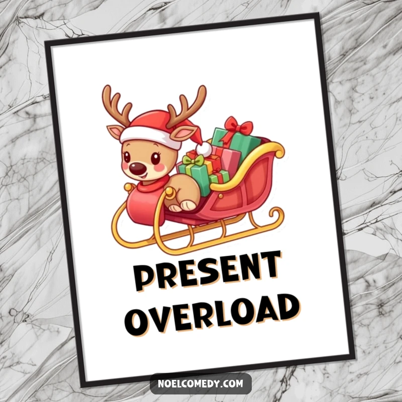 Funny digital art print of a small reindeer in a Santa hat pulling a sleigh overflowing with presents, ready to print.