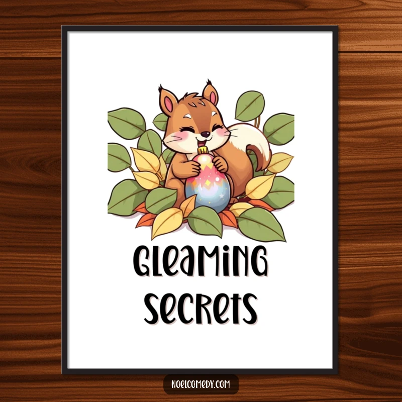 Funny Digital Art Print of a giggling squirrel hiding a shiny Christmas ornament in a pile of leaves.