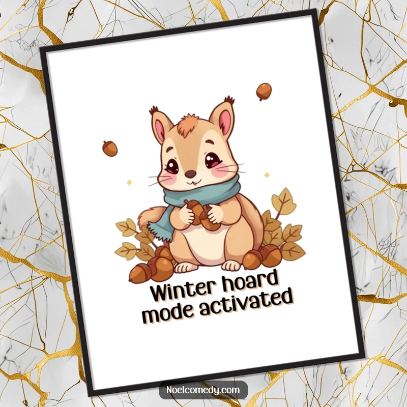 Funny Squirrel Digital Art Print: Cute squirrel in scarf collecting acorns, whimsical woodland art for instant home decor.