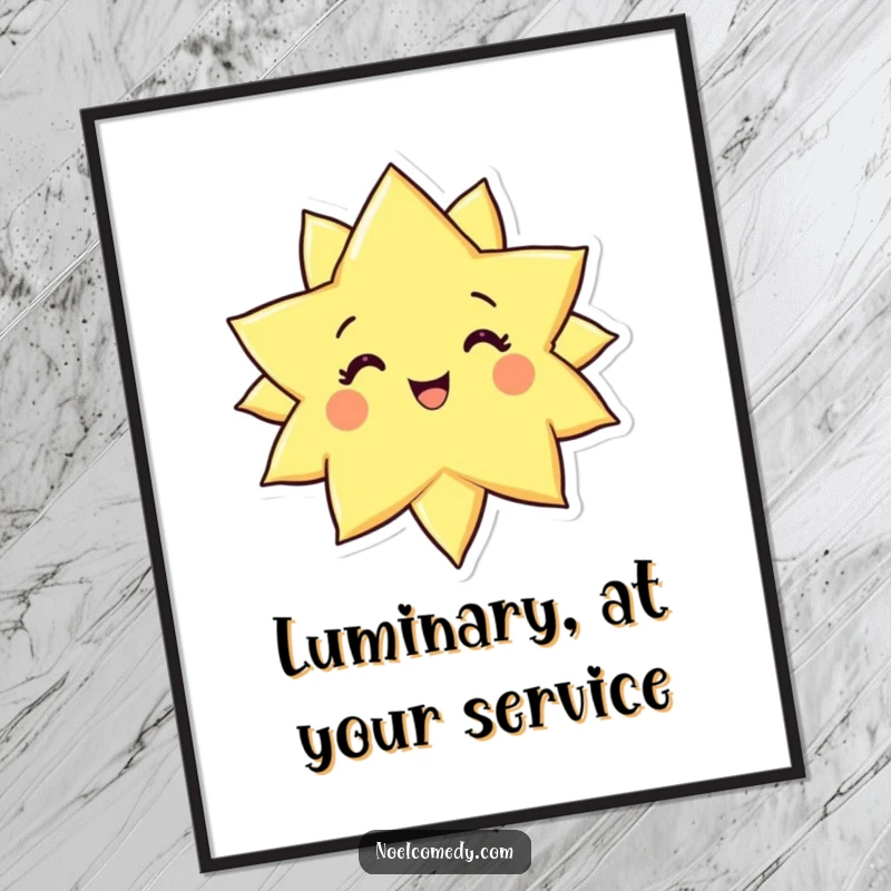 Funny digital art print of a radiant star character with a joyful expression, shining brightly and spreading happiness.