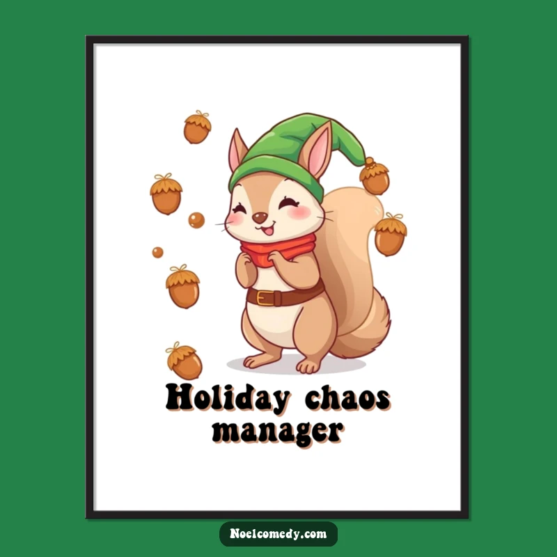 Funny Elf Squirrel Digital Art: Holiday Acorn Toss Print, Instant Festive Gift