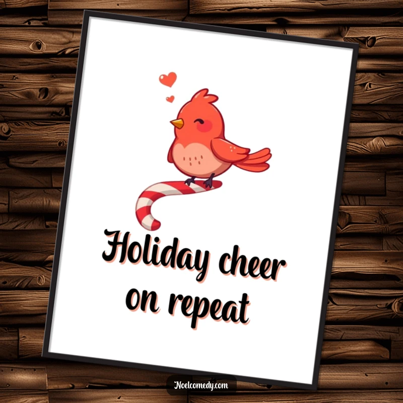 Funny Red Bird Digital Art Print: A cheerful red bird sings on a candy cane, perfect for festive and musical wall art.