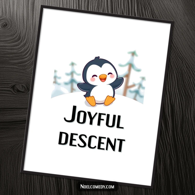 Funny Digital Art Print of a giggling penguin sliding gleefully down a snowy hill, full of pure winter happiness.