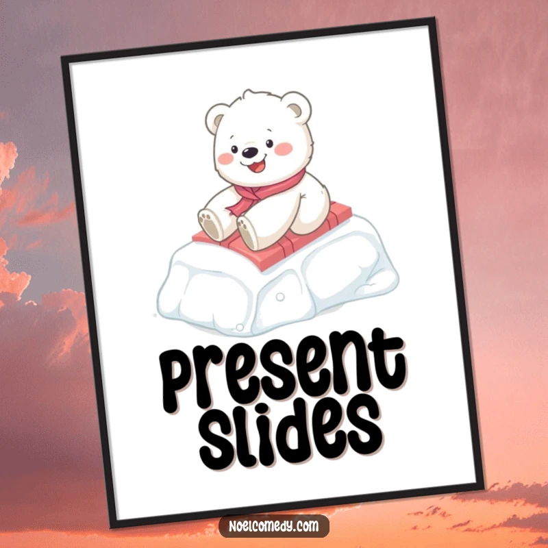Funny Polar Bear Cub Digital Art Print: A happy cub slides on a gift, embodying winter fun, a downloadable and funny gift.