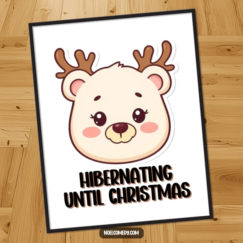 Funny digital art print of a smiling bear wearing a reindeer antler headband, perfect for instant holiday decoration.