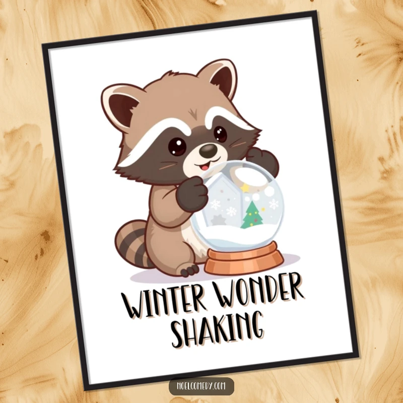 Funny digital art of a raccoon wearing mittens, excitedly shaking a snow globe, perfect for winter decor.