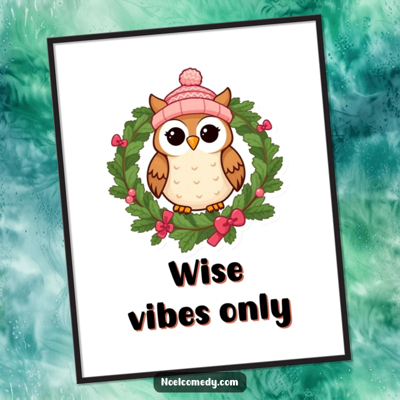 Funny digital art print of a cheerful owl in a knitted cap, resting on a festive wreath, for instant decor.