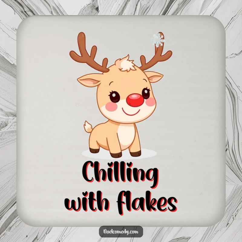 Funny Coaster: A coaster showcasing a smiling reindeer with a red nose catching a snowflake, adding holiday charm.