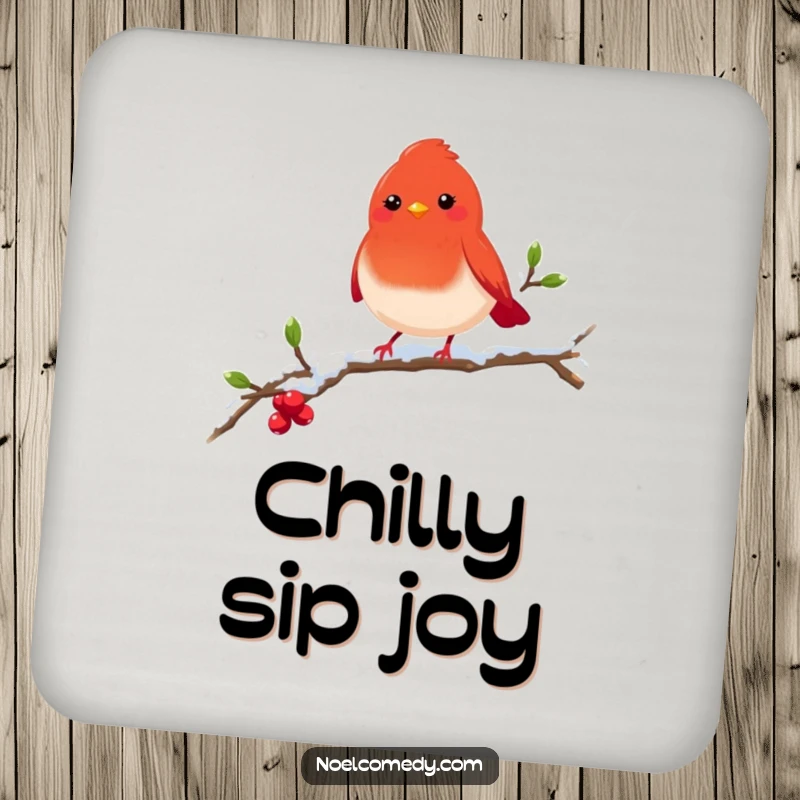 Funny red robin coasters featuring a cheerful bird on a snowy branch, adding a touch of winter charm to any table.
