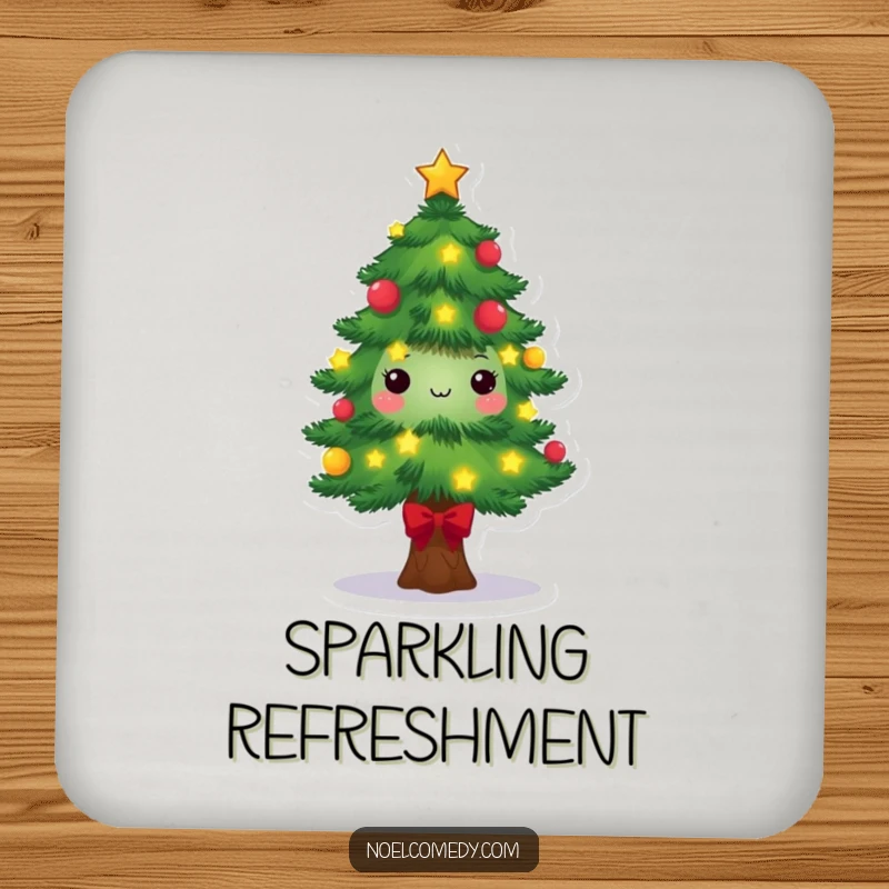 Festive Pine Tree Coaster: A decorated pine tree character with twinkling lights and stars, a charming and protective accessory.