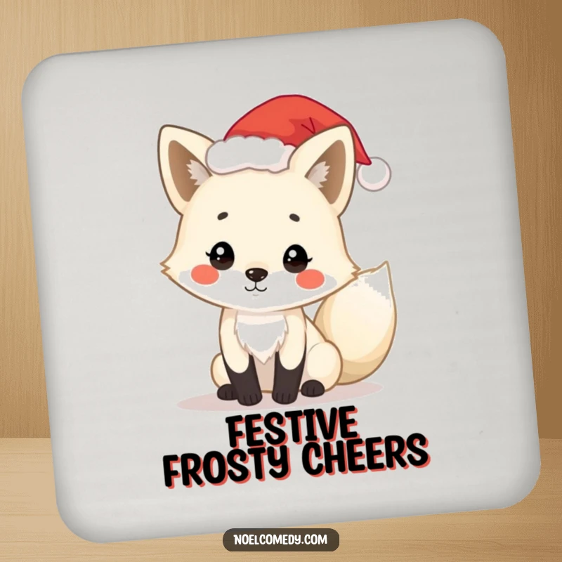 Funny arctic fox coasters featuring a playful fox wearing a tiny Santa hat, adding festive charm and protecting surfaces.