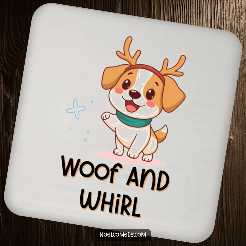 Funny Drink Coaster with a happy dog in a reindeer headband chasing a snowflake, adding festive flair.