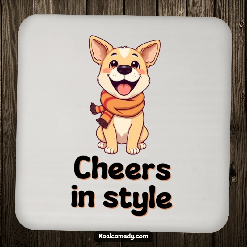 Funny Coasters: An excited dog wearing a festive scarf, protecting surfaces with festive charm and a dose of humor.