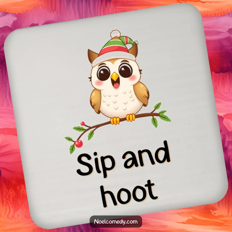 Funny coasters showcasing a festive owl in a hat on a decorated branch, perfect for holiday parties.