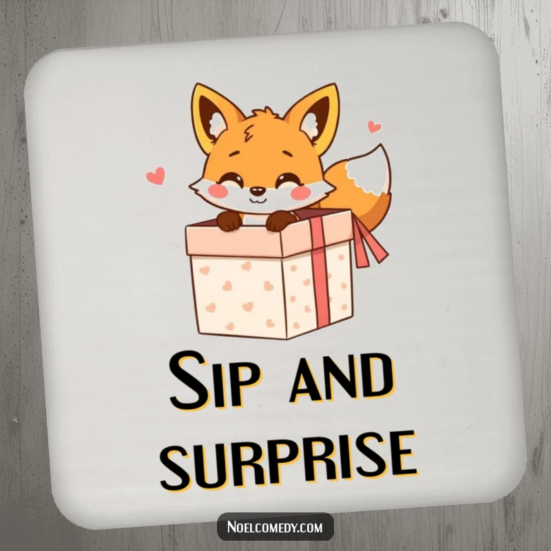 Funny Coaster: A cheerful fox peeking from a gift box, protecting surfaces with whimsical charm and humor.