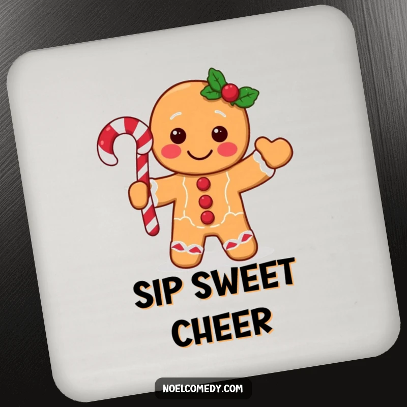 Funny gingerbread man coasters featuring a festive character waving a candy cane, perfect for holiday parties and everyday use.
