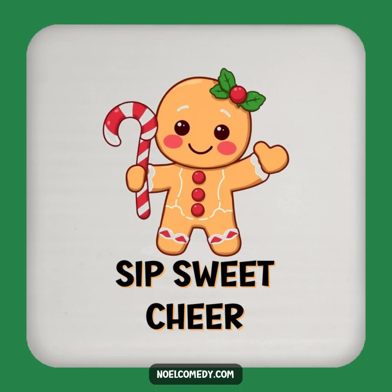 Funny Gingerbread Man Coasters: Festive Character Waving Candy Cane, Protect Surfaces with Cheer