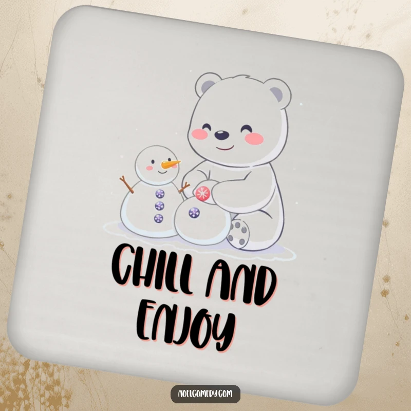 Funny drink coaster with a happy polar bear building a small snowman decorated with sparkly buttons, protecting surfaces humorously.