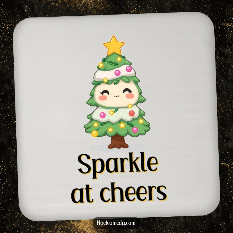 Funny holiday tree coasters featuring twinkling lights and stars, protecting surfaces with festive and humorous charm.