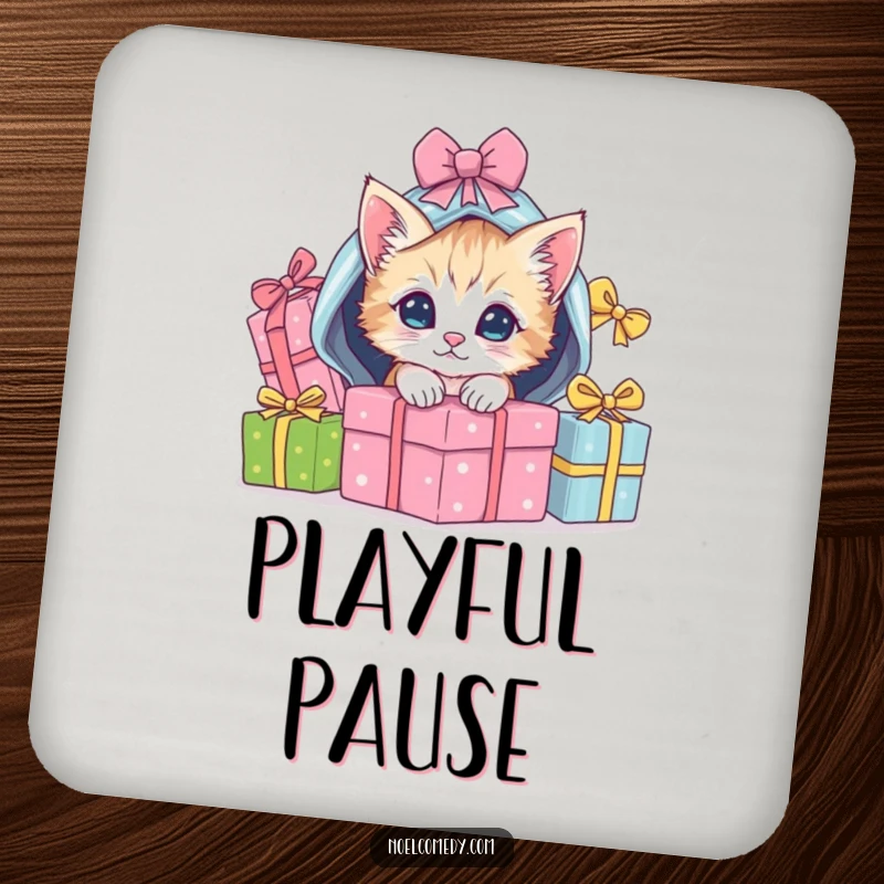 Funny Drink Coaster with a playful kitten peeking from under wrapped Christmas gifts, adding festive flair.