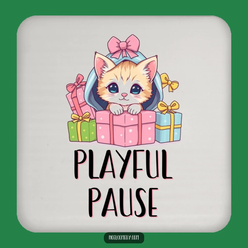 Funny Kitten Christmas Coaster: Playful Gift Pile Table Protection