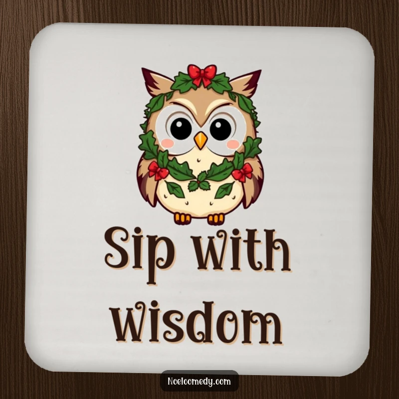 Funny owl coasters featuring a curious character wearing a festive wreath, perfect for adding holiday charm and protecting surfaces.