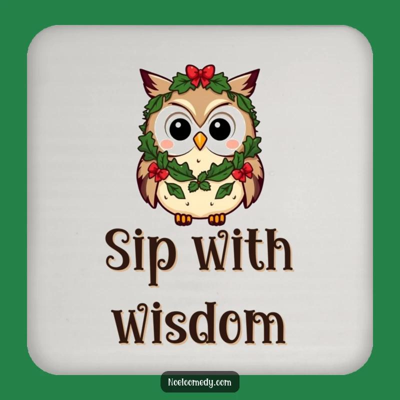 Funny Owl Coasters: Curious Character in Festive Wreath, Protect Surfaces with Charm