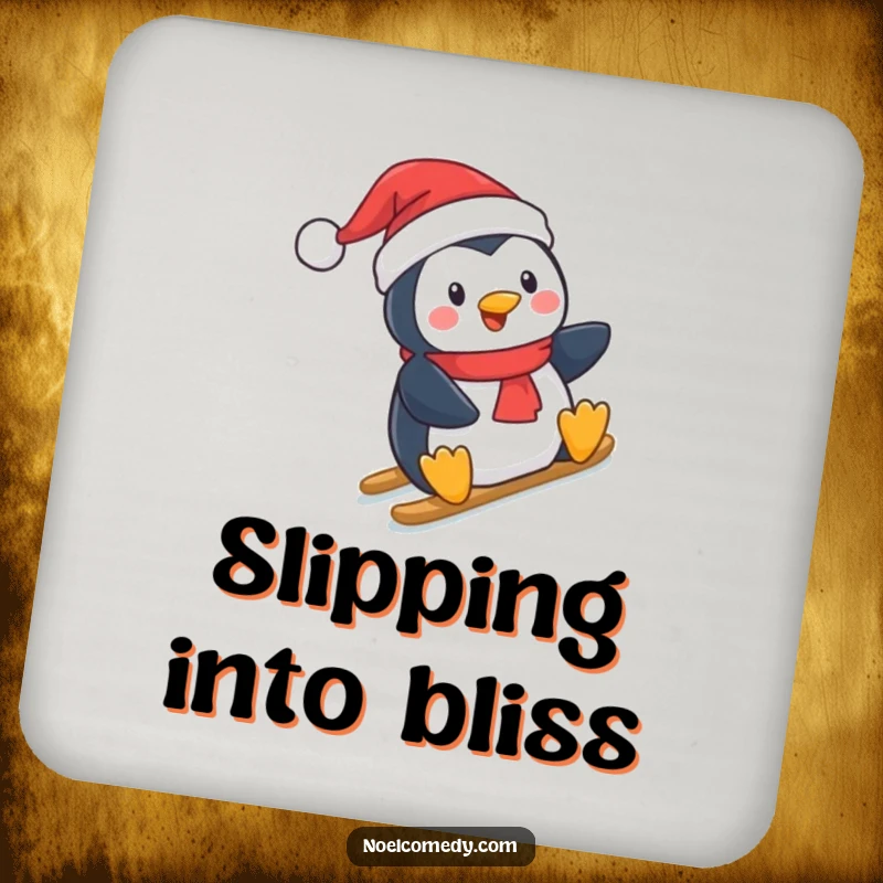 Funny Coaster: A coaster showcasing a penguin in festive attire sliding down a hill, adding holiday charm to any surface.