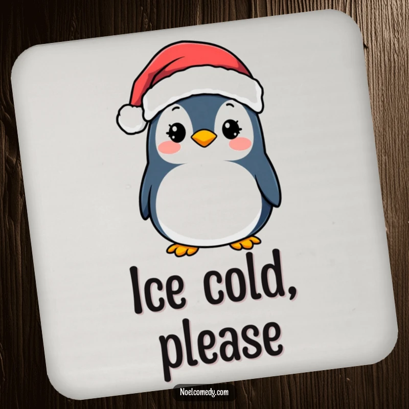 Funny Coaster: A smiling penguin wearing a Santa hat, protecting surfaces with festive cheer and humorous charm.