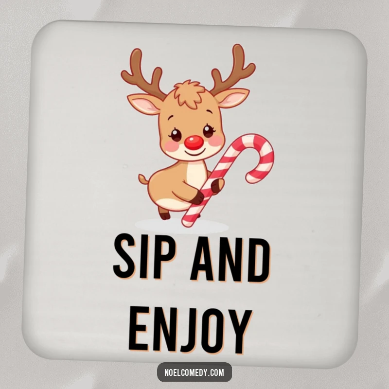 Funny drink coaster featuring a playful reindeer gently nudging a candy cane, adding a touch of holiday charm.