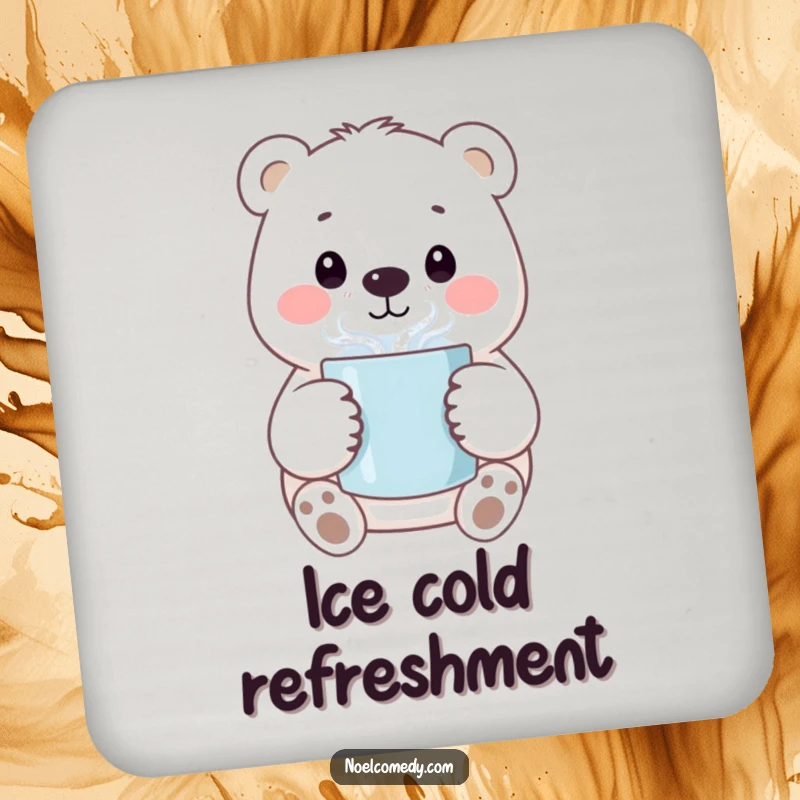 Funny drink coaster featuring a smiling polar bear character holding a steaming mug, protecting surfaces with charm.