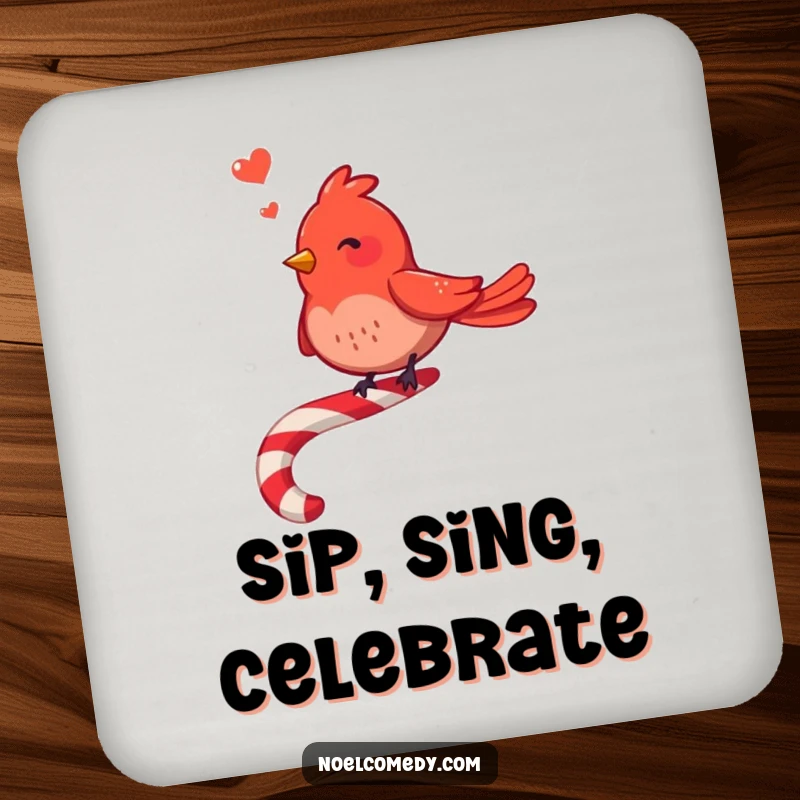 Funny Red Bird Coaster: A happy red bird sings on a candy cane, protecting surfaces with holiday cheer.