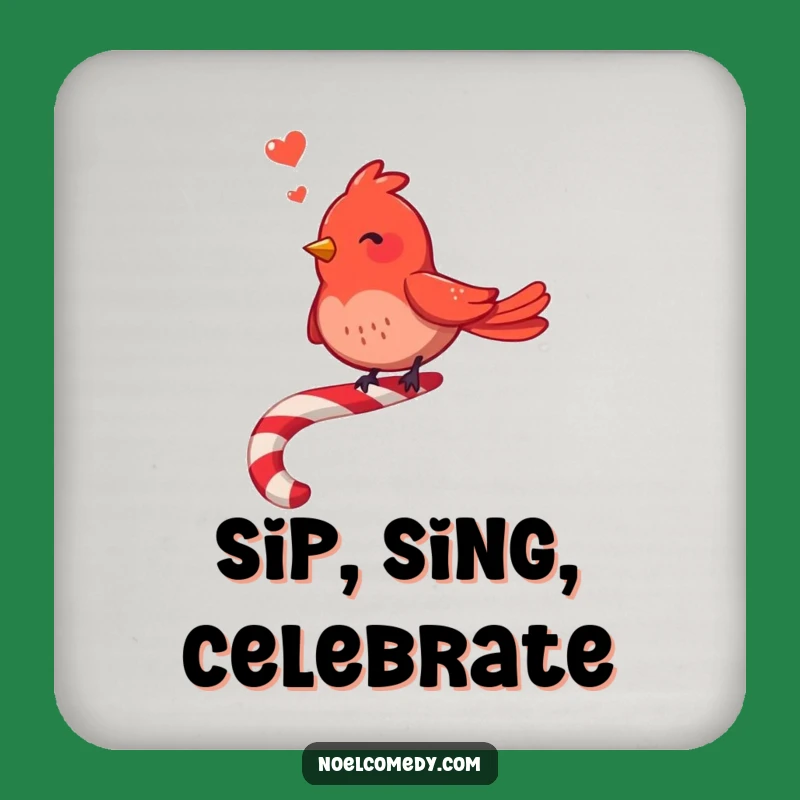 Funny Red Bird Coaster: Merry Candy Cane Singer, Festive Drink Gift