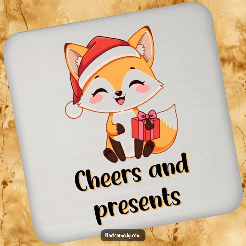 Funny drink coaster featuring a joyful fox wearing a Santa hat and holding a Christmas present, adding a touch of holiday charm.
