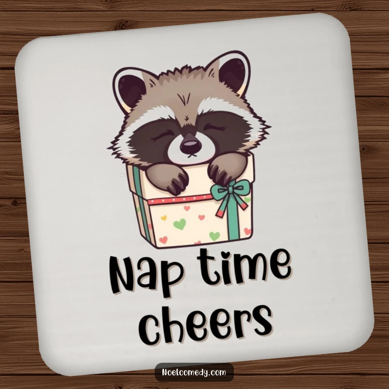 Funny Sleepy Raccoon Coasters: A cute raccoon napping in a gift box, adding humorous protection to your tabletop.