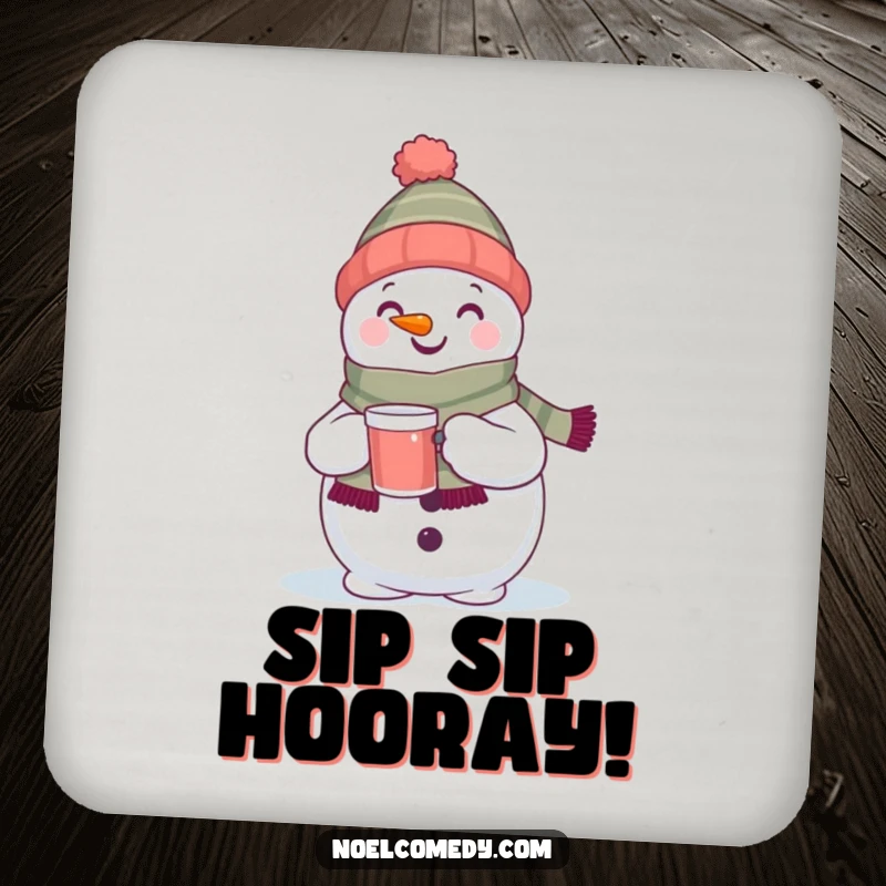 Funny coaster with a happy snowman wearing a scarf and holding a drink. Adds holiday cheer.