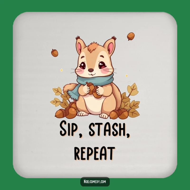 Funny Squirrel Coaster: Cute Acorn Collector w/ Scarf, Protect Surfaces Gift