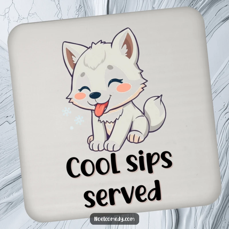 Funny coasters featuring a playful wolf pup catching snowflakes, providing festive surface protection.