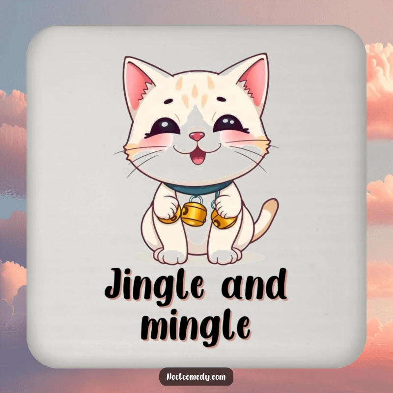 Funny Coasters: A giggling cat with tiny jingle bells, protecting surfaces with playful charm and a touch of humor.