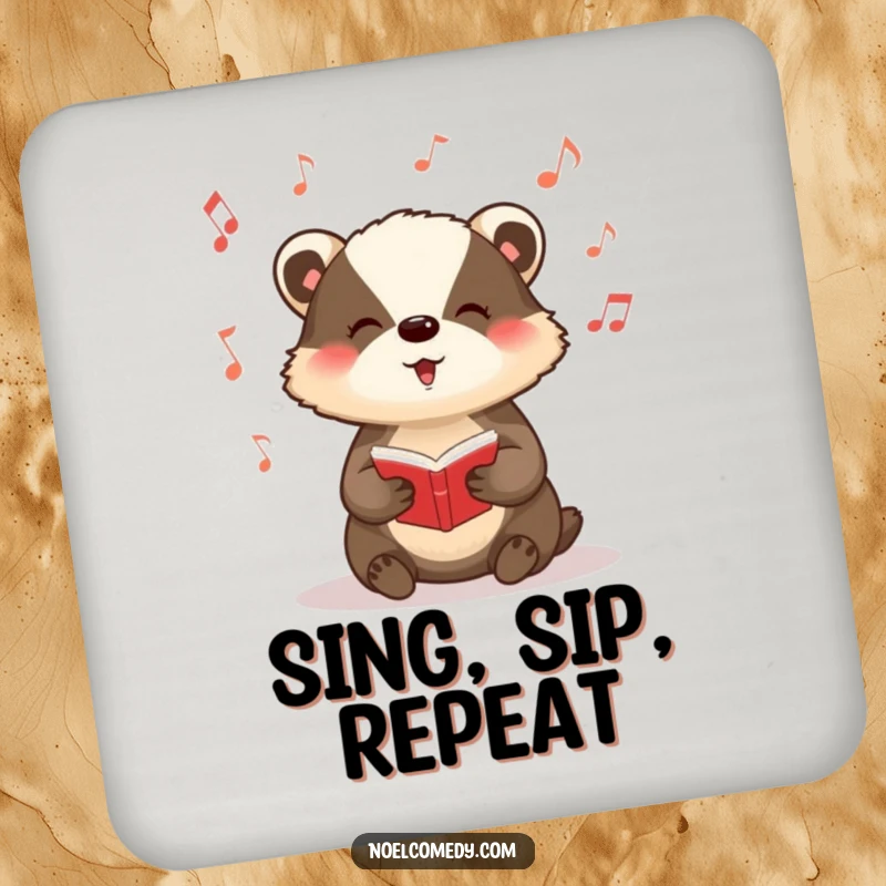 Funny drink coasters featuring a badger singing carols with musical notes, adding festive charm.